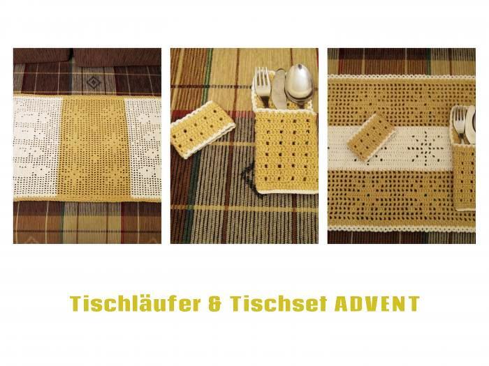 Gehäkelter Tischläufer mit Sternmotiv und Bestecktaschen in weihnachtlichen Farben