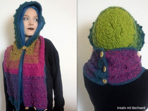 Häkelanleitung Kapuzenschal, Scoodie, Haube für alle Größen
