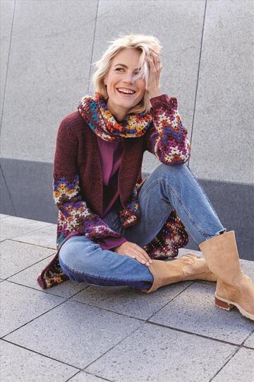 Gehäkeltes Set: Jacke und Schal im Zick-Zackmuster