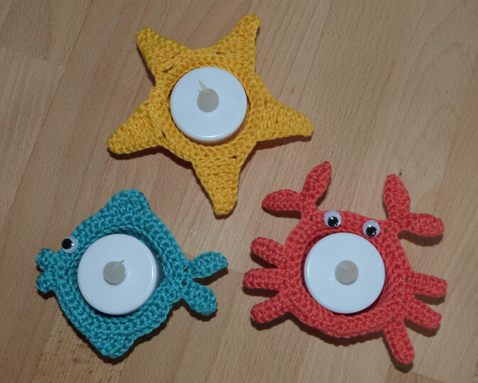 Häkelanleitung für Teelichthalter Fisch, Krabbe und Seestern
