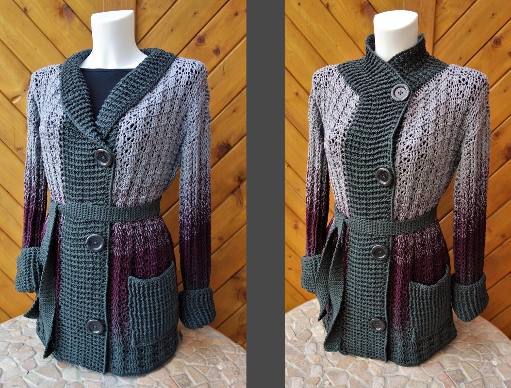 Gehäkelte Damenjacke in Grau, Dunkelgrün und Bordeaux mit Knöpfen, Gürtel und Taschen auf Büste