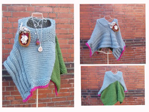 Strickanleitung Poncho/Umhang/großer Rundschal, Strickblume, Stoffschleife