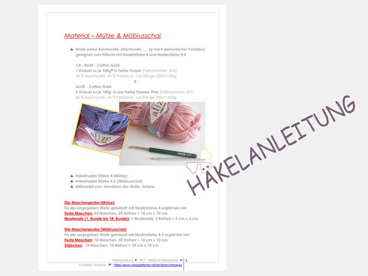 Häkelanleitung: Damen Mädchen Mütze + Möbiusschal (S, M, L)