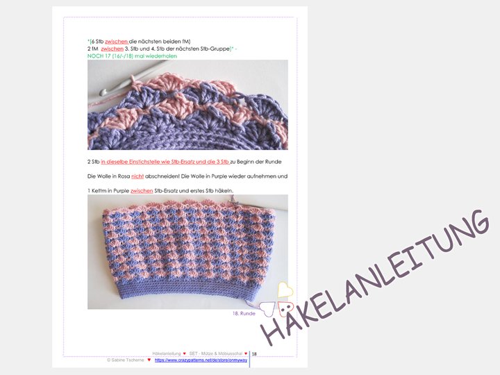 Häkelanleitung: Damen Mädchen Mütze + Möbiusschal (S, M, L)