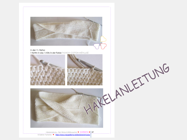 Häkelanleitung: Mädchen Damen Mütze mit Häkelblume + Möbiusschal (S, M, L)