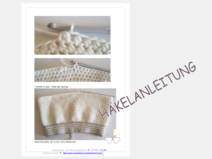 Häkelanleitung: Mädchen Damen Mütze mit Häkelblume + Möbiusschal (S, M, L)