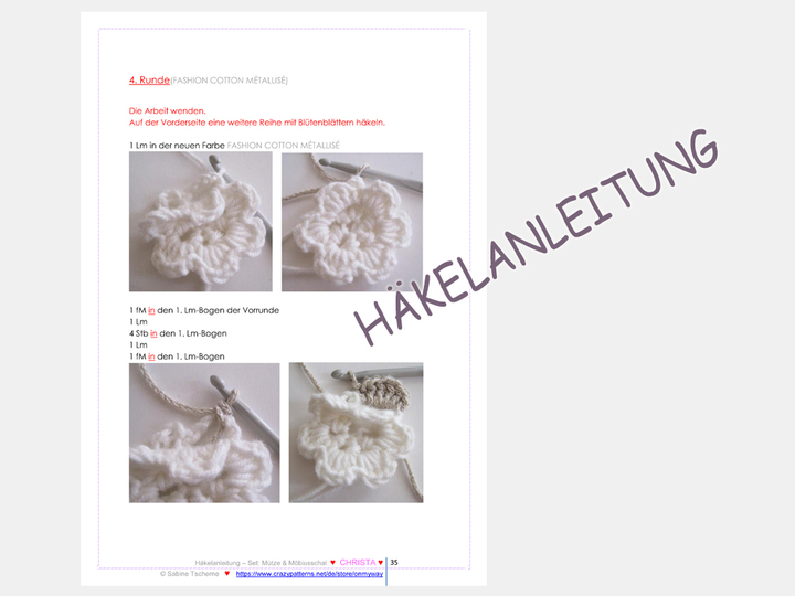 Häkelanleitung: Mädchen Damen Mütze mit Häkelblume + Möbiusschal (S, M, L)