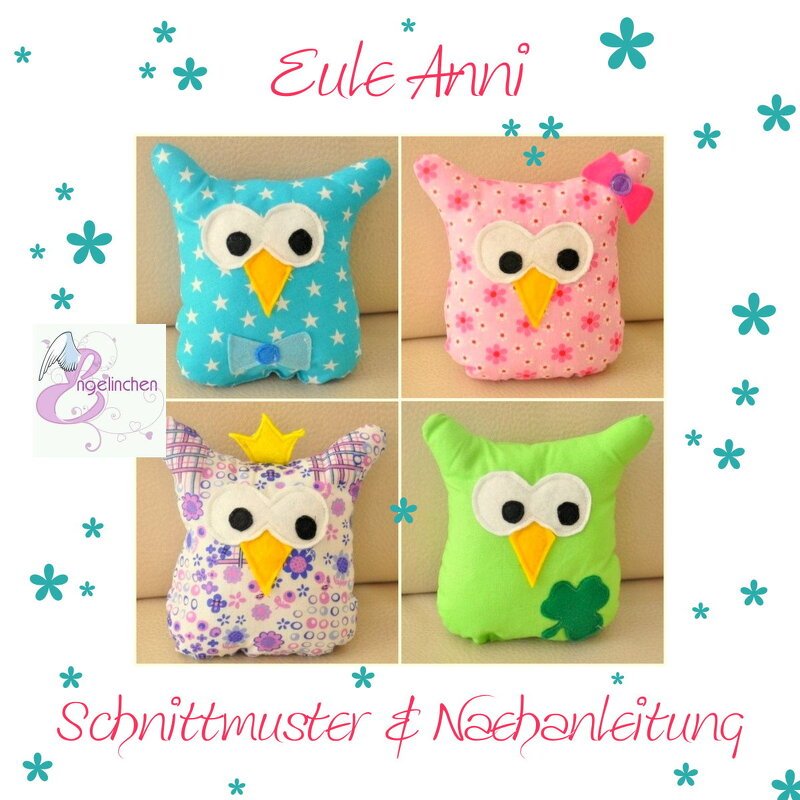 Vier genähte Stoffeulen in blau, rosa, lila und grün mit großen applizierten Augen und gelben Schnäbeln
