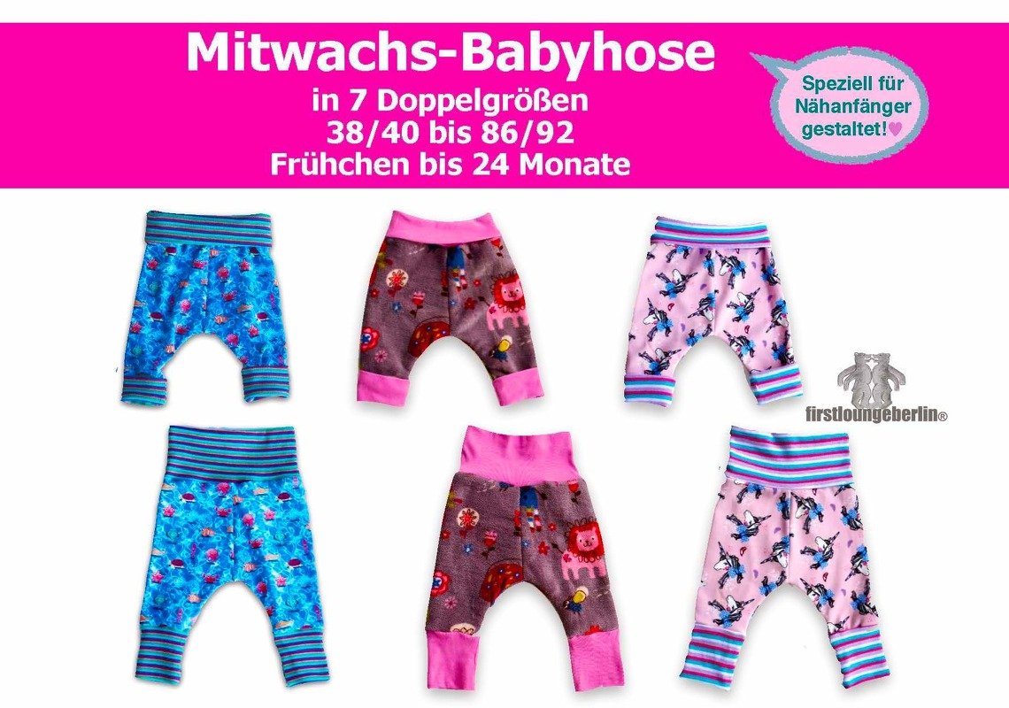 Mitwachs-Babyhose *** E-Book Pdf-Datei Nähanleitung mit Schnittmuster in 7 Doppelgrößen 38/40-86/92 firstloungeberlin