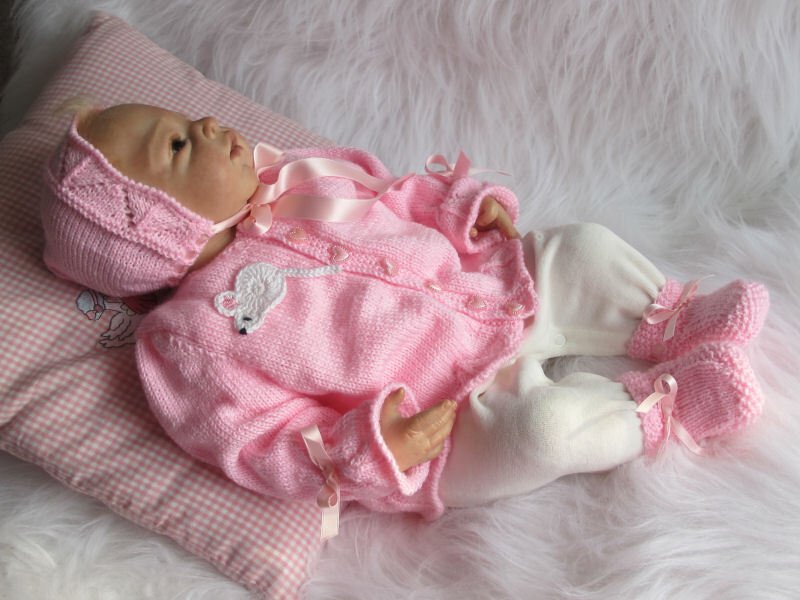 Strickanleitung Babygarnitur Röschen 3-teilig für Baby und Reborn Gr. 50/54