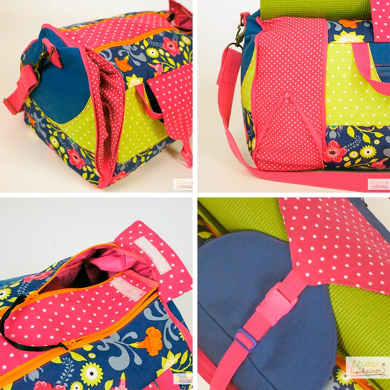 Bunte Patchwork-Sporttasche aus Blumen- und Punktenstoff mit Reißverschlüssen und verstellbarem Schultergurt