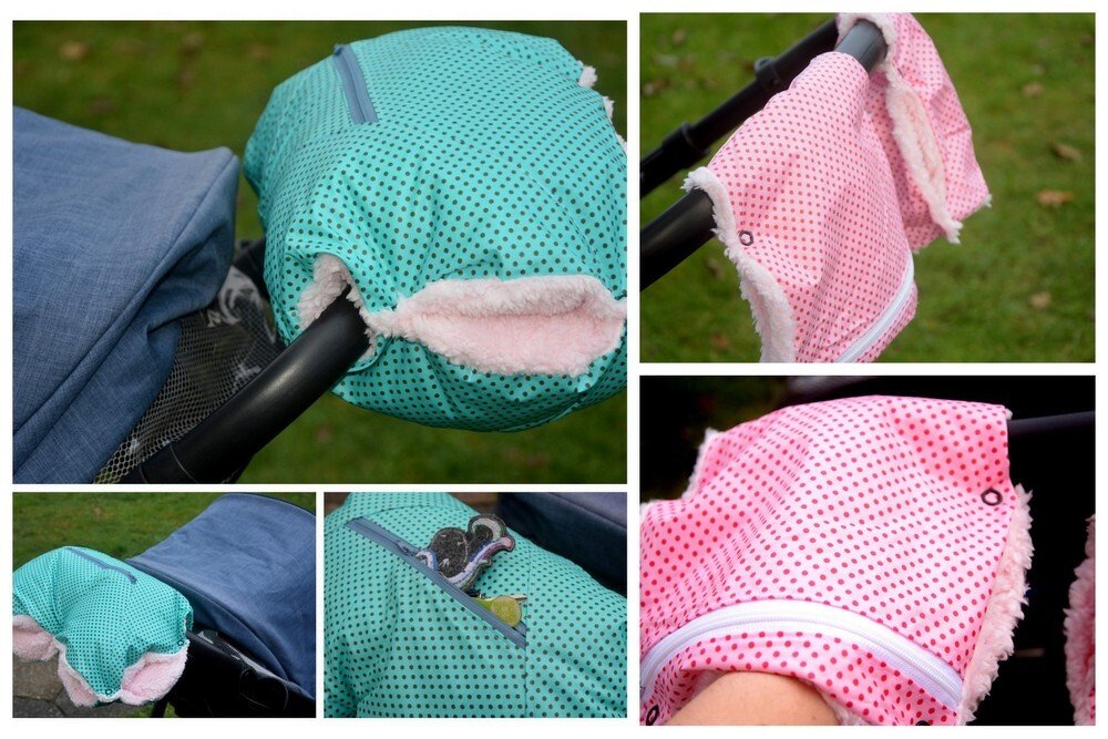 Zwei Kinderwagen-Handmuffs in Rosa und Türkis mit Reißverschlusstasche und flauschigem Innenfutter