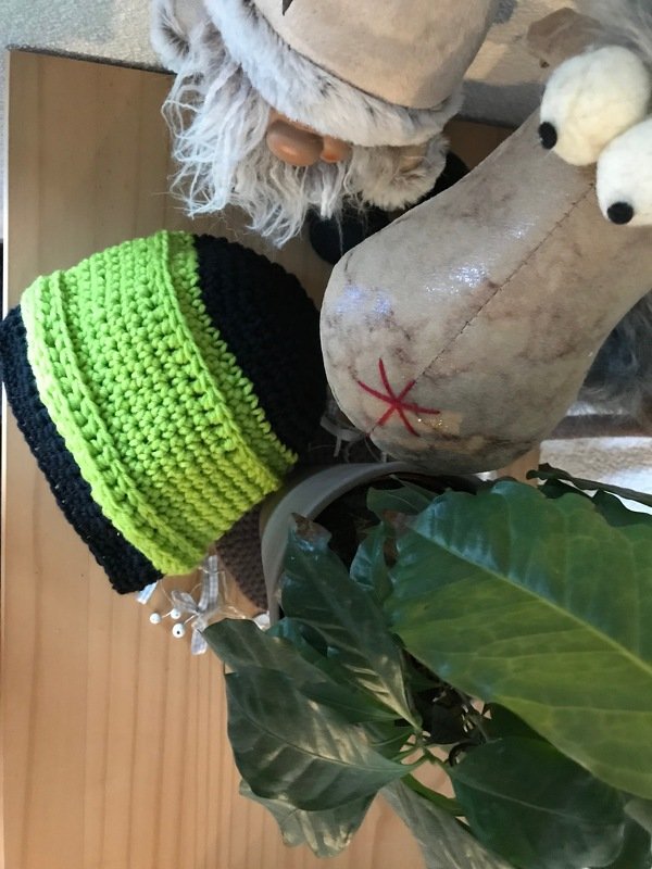 Gehäkelte schwarz-neongrüne Mütze neben Dekofiguren und Pflanze