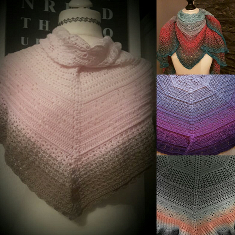 Collage aus vier gehäkelten Dreieckstüchern in Rosa-Beige, Türkis-Rot, Violett und Grau-Orange mit unterschiedlichen Spitzen- und Strukturmustern.