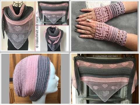 Häkeln / Sparset "Romantica" Dreieckstuch, Beanie + Pulswärmer