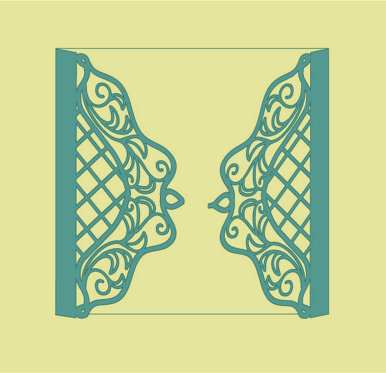 Symmetrische, blaugrüne Plottdatei mit ornamentalem Tor‑Motiv, Gitter- und Rankenmustern auf hellem Hintergrund.
