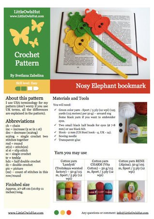 142 Crochet Pattern - Elephant bookmark or decor - Amigurumi PDF file by Zabelina CP