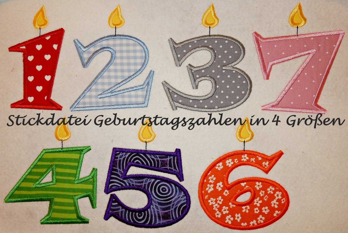 Applizierte Zahlen 1–7 als Kerzen mit Flamme in verschiedenen Stoffmustern