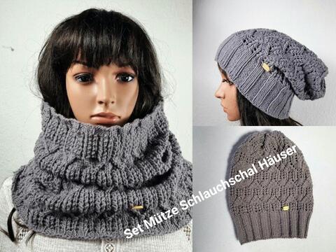103 Set Strickanleitung Schlauchschal mit Longbeanie Häuser