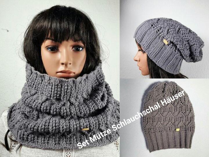 103 Set Strickanleitung Schlauchschal mit Longbeanie Häuser