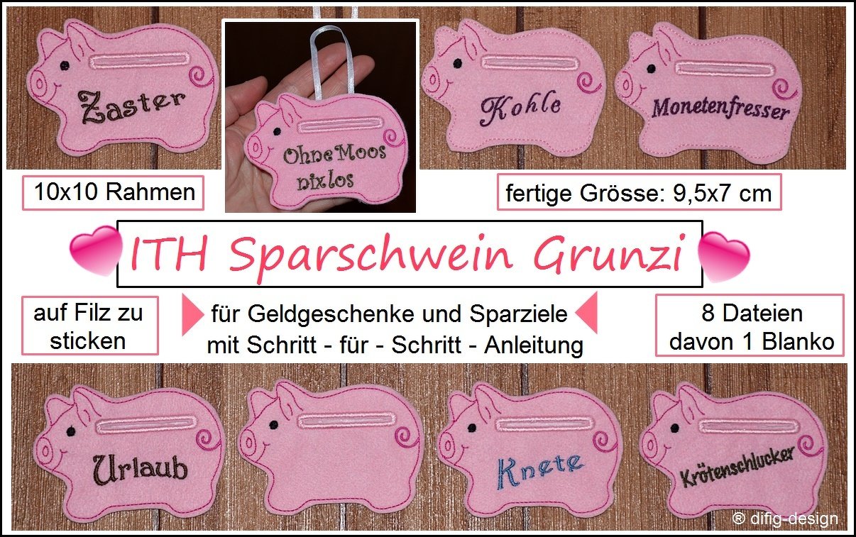 ITH Stickdatei Sparschwein Grunzi für den 10x10 Rahmen