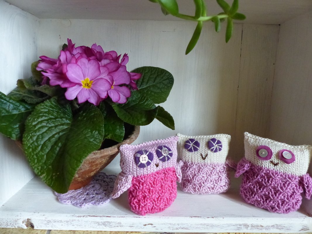 Drei kleine Amigurumi-Eulen in Rosa und Lila mit Knopfaugen und strukturiertem Körper
