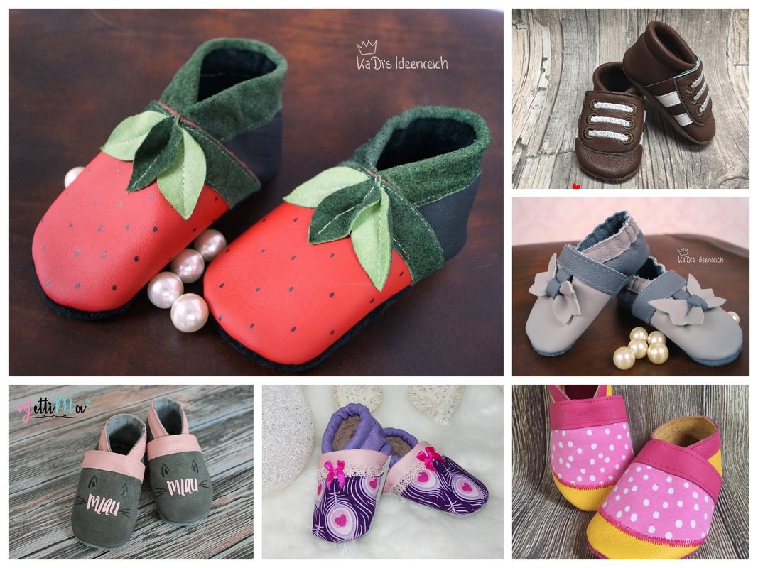 Genähte Babyschuhe in verschiedenen Farben und Motiven: rote Erdbeer-Puschen mit Blättern, graue Schuhe mit Schleife, braune Zierband-Schuhe, rosa gepunktete und violette gemusterte Puschen.