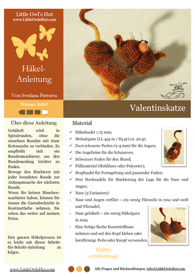 028DE Häkelanleitung Valentinskatze - Amigurumi PDF Pertseva CP