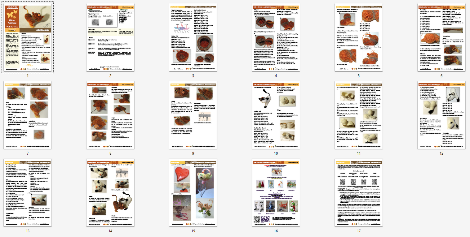 Mehrseitige PDF-Anleitung: gehäkelte Valentinskatzen und Herz-Amigurumi mit Fototutorials
