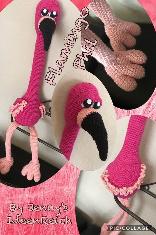 Detailcollage eines gehäkelten Flamingo-Amigurumi mit Fokus auf Schnabel, Hals und Fuß