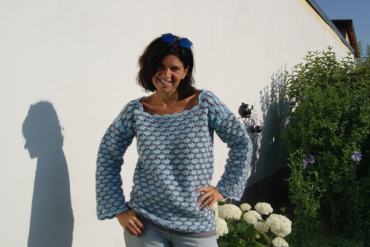 Häkel-Pulli JEANS-LOOK, Gr. S/M, L/XL (leicht an alle Größen anzupassen) - Bild 3