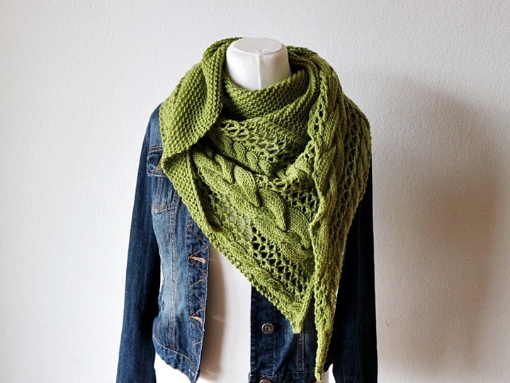 Knitting Pattern Triangle Shawl with Cable and Lace Pattern Cozy Winter
