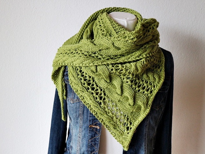 Knitting Pattern Triangle Shawl with Cable and Lace Pattern Cozy Winter