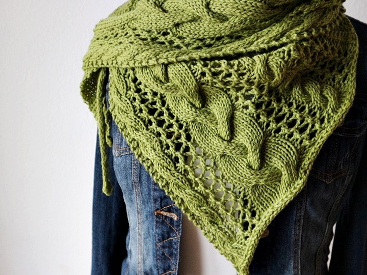 Knitting Pattern Triangle Shawl with Cable and Lace Pattern – Large Winter
