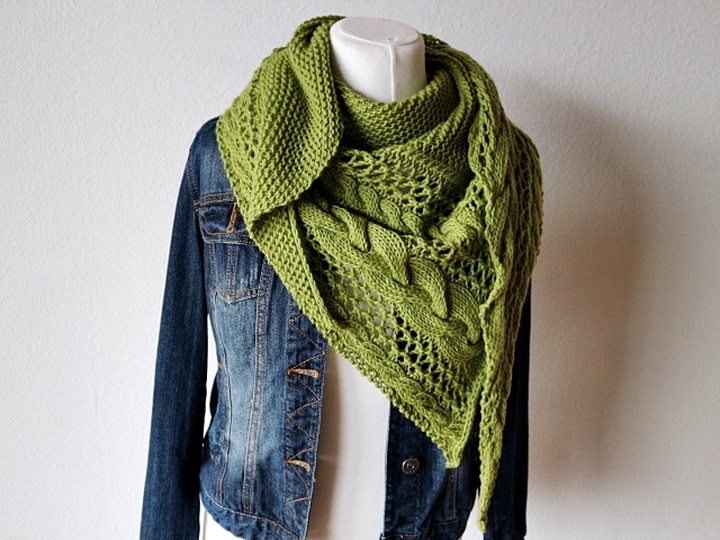 Knitting Pattern Triangle Shawl with Cable and Lace Pattern – Large Winter