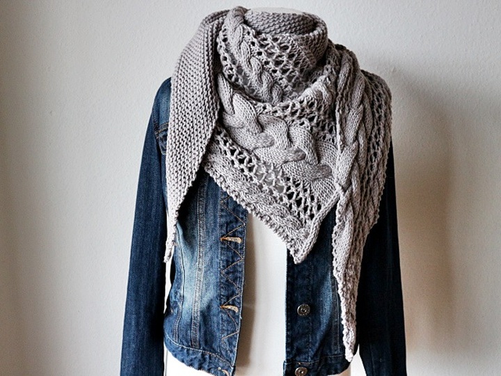 Knitting Pattern Triangle Shawl with Cable and Lace Pattern – Large Winter