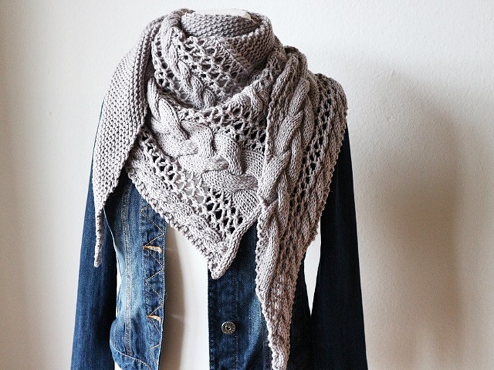 Knitting Pattern Triangle Shawl with Cable and Lace Pattern – Large Winter