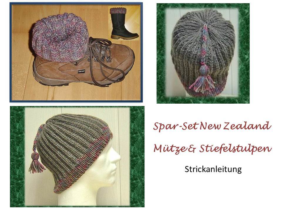 Gestrickte gerippte Mütze mit Quaste und passende Stiefelstulpen in Grau mit bunten Akzenten, präsentiert an einem Wanderschuh und einem Stiefel sowie an einem Schaufensterkopf.