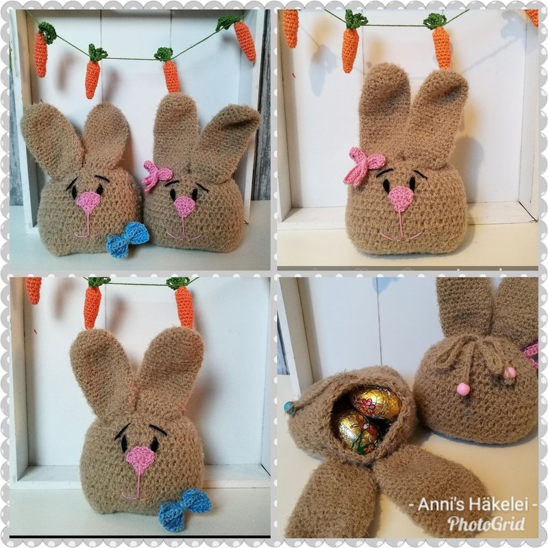 Braunes gehäkeltes Hasen-Täschchen mit Ohren, gesticktem Gesicht und Kordelzug