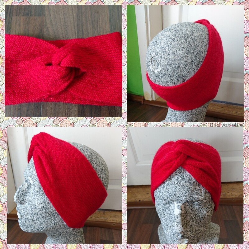 Rotes gestricktes Stirnband mit Knoten vorne auf grauem Mannequin