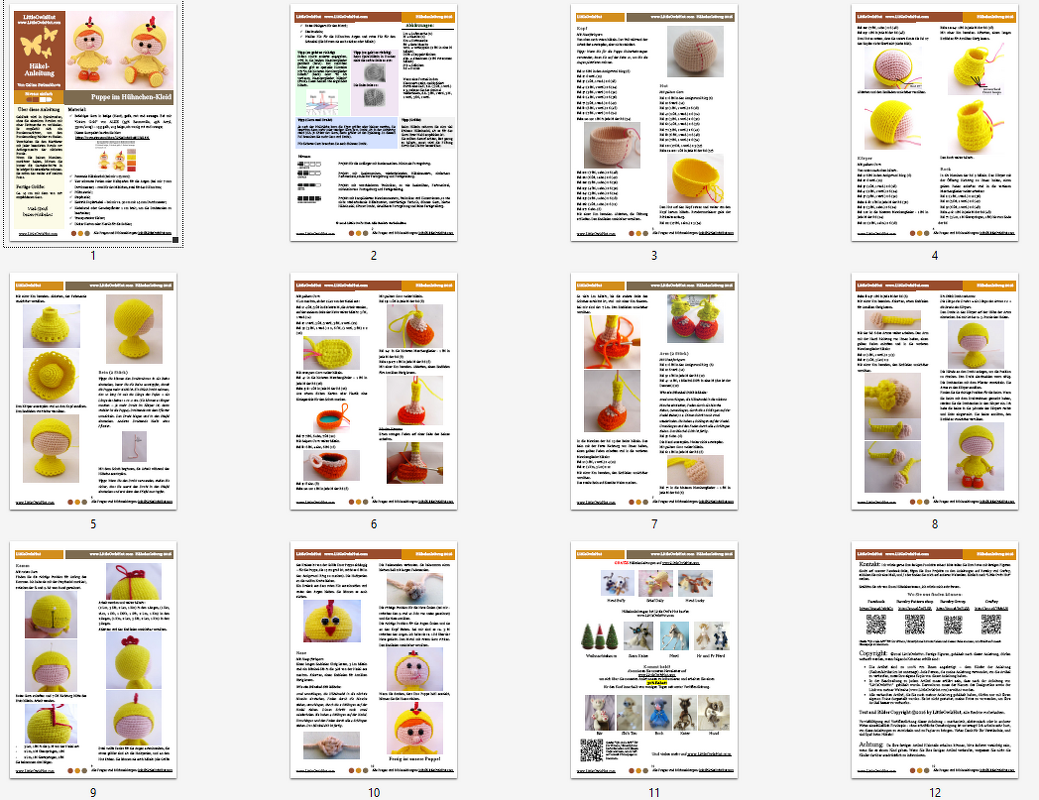 Fotoanleitungen und Seiten einer Häkelanleitung, Darstellung eines gelben Küken-Amigurumis als Osterdekoration