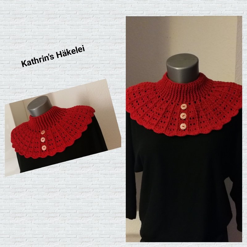 Roter gehäkelter Kragenschal mit geripptem Kragen, Muschelkante und drei Knöpfen auf schwarzem Oberteil