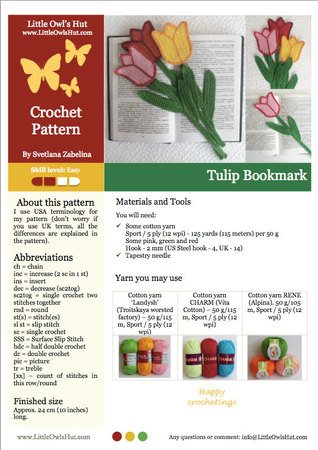 044 Crochet Pattern - Tulip flower bookmark or decor - Amigurumi PDF file by Zabelina CP