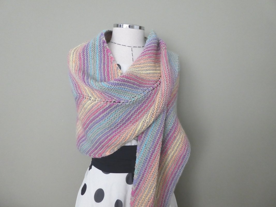 Unicorn Faded Rainbow Knitted Shawl Wrap with Mitred Centre Long Triangle - Image 2