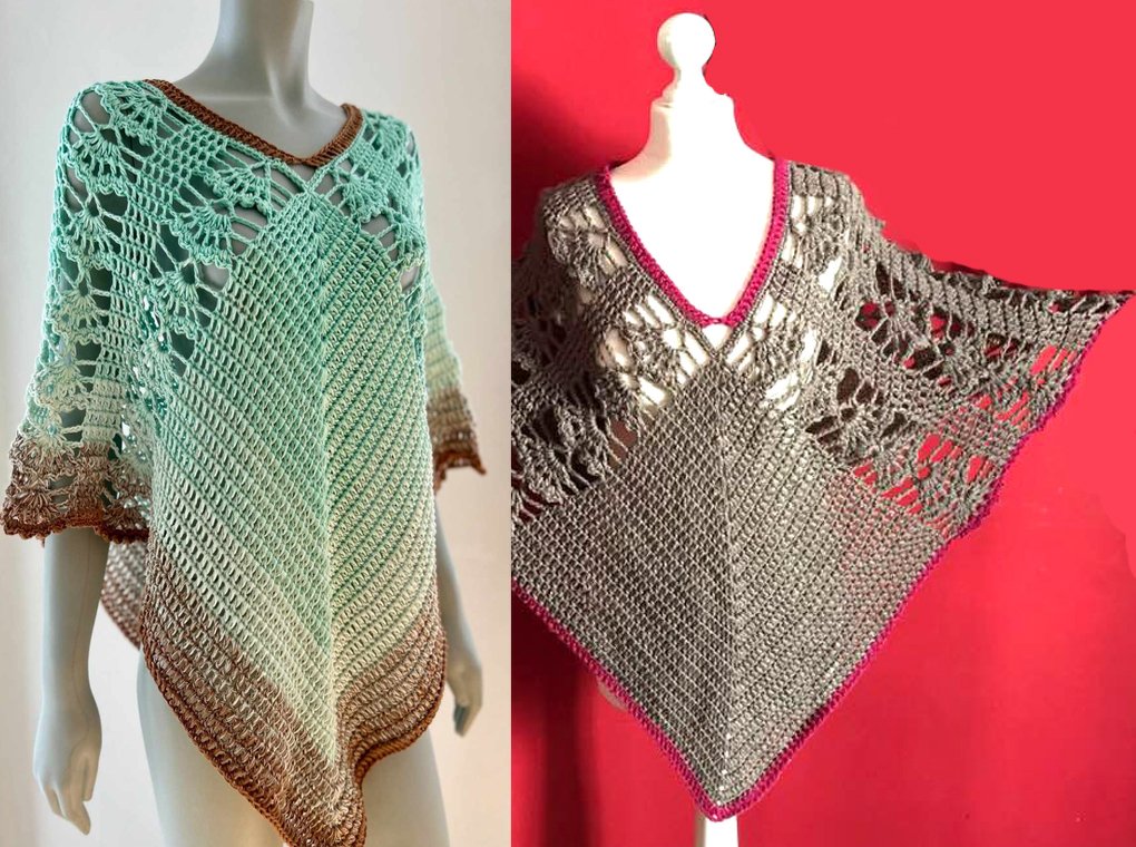 Zwei gehäkelte Ponchos auf Schaufensterpuppen, links mintgrün‑braun mit V‑Ausschnitt, rechts grau mit pinker Einfassung