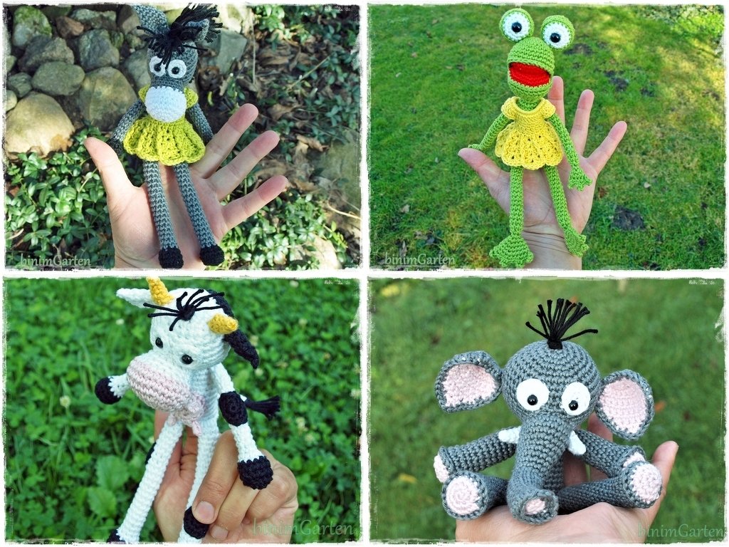 Achtung Angebot! Fingerpuppen - 4 Häkelanleitung Esel, Frosch, Kuh und Elefant