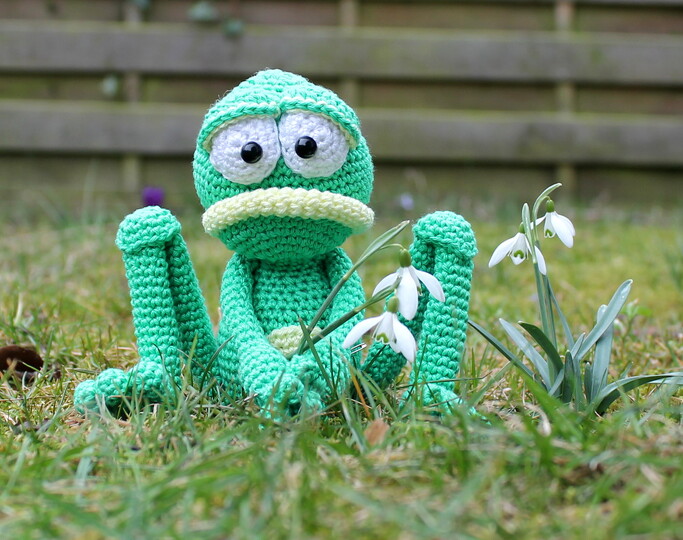 Crochet a frog – a sitting amigurumi frog with fingers and toes (EN & DE)