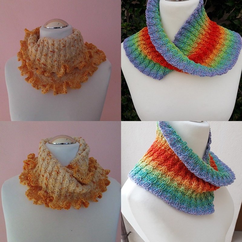 Zwei kurze gestrickte Loop-Schals auf Schaufensterbüsten: beige-orange mit Rüschenrand und mehrfarbiger Regenbogen-Loop