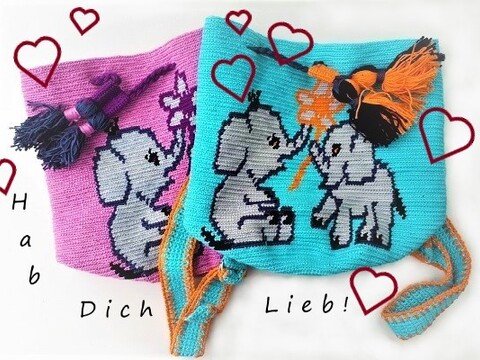 Kinder Rucksack "Hab dich lieb!" für Jungen und Mädchen gehäkelt