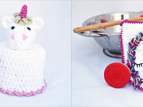 Kombihäkelanleitung Einhorn-Klorollenhut & Einhorn-Topflappenset